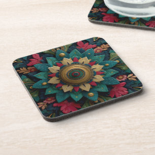 Posavasos Mandala floral texturizada intrincada en azul turq