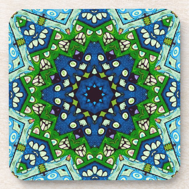 Posavasos Mandala Mosaic Geométrico Retro Azul Verde Hippie (Frente)