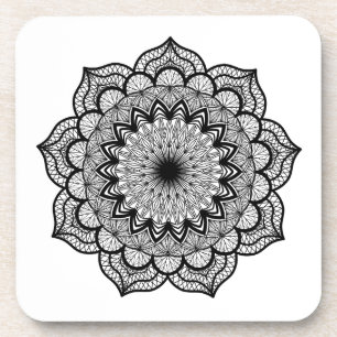 Posavasos Mandalá negro sobre fondo blanco