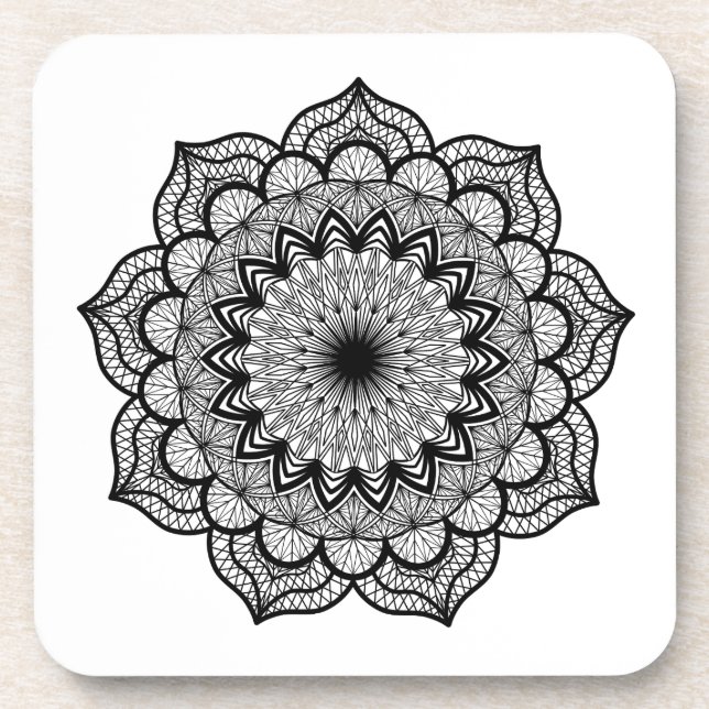 Posavasos Mandalá negro sobre fondo blanco (Frente)