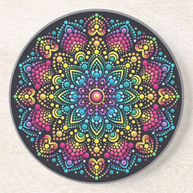 Posavasos Mandalas Pintado con Puntos de Arcoíris (Frente)