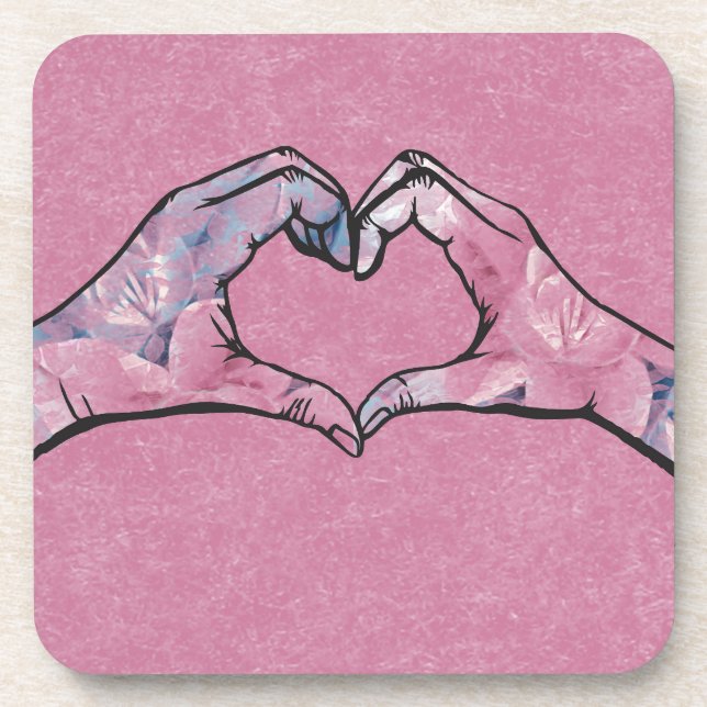 Posavasos Manos cardíacas sobre fondo rosado (Frente)