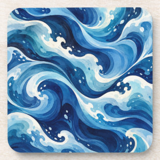 Posavasos Manta costera de acuarela de olas de océano azul a