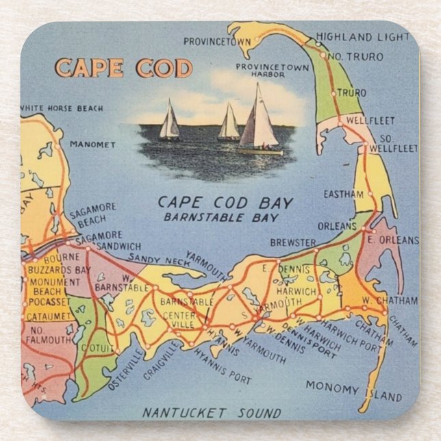 Posavasos Mapa antiguo de Massachusetts en Cape Cod (Frente)