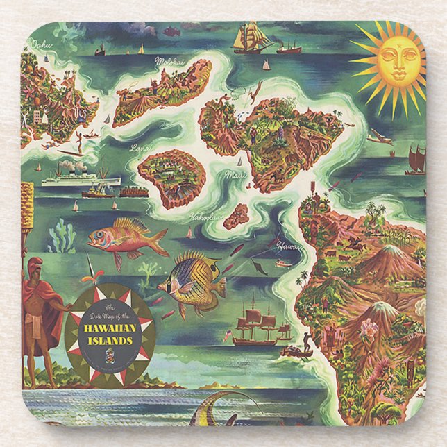 Posavasos Mapa de 1950 de la pintura al óleo de Hawaii Josep (Frente)