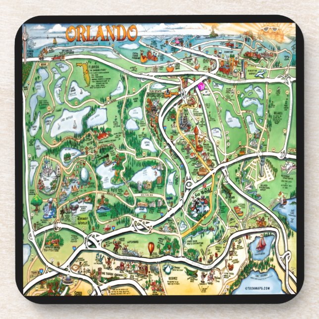 Posavasos Mapa de Dibujos Animados de Orlando Florida (Frente)