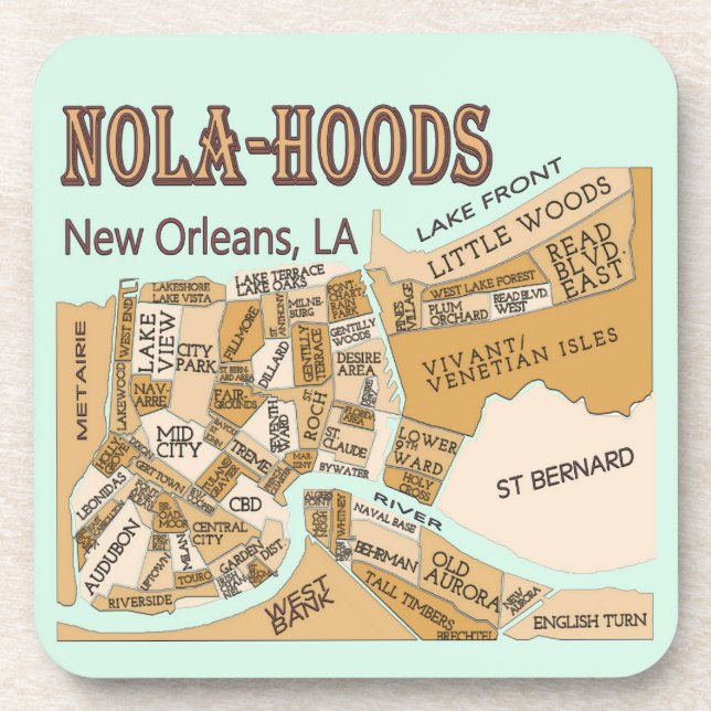 Posavasos Mapa de los barrios de Nueva Orleans, NOLA_HOODS (Frente)