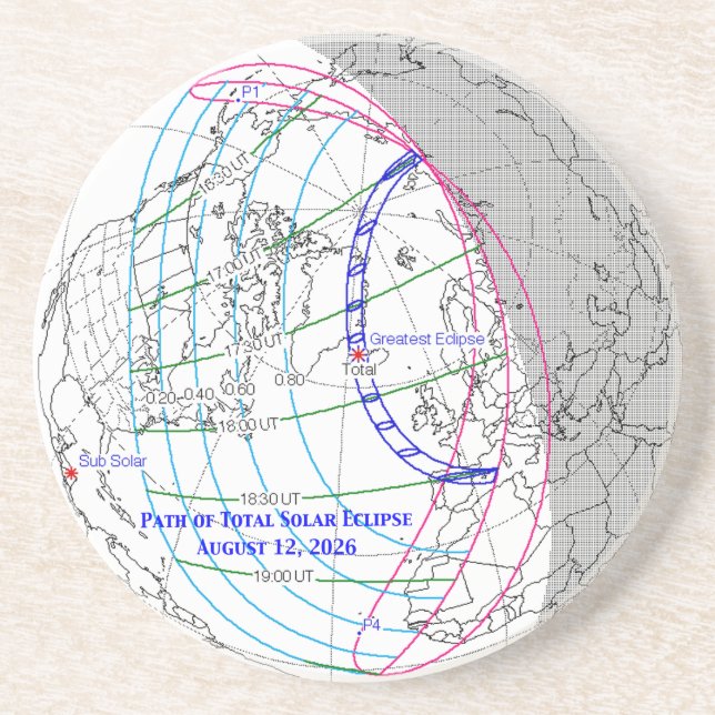 Posavasos Mapa del eclipse solar total de 2026 (Frente)