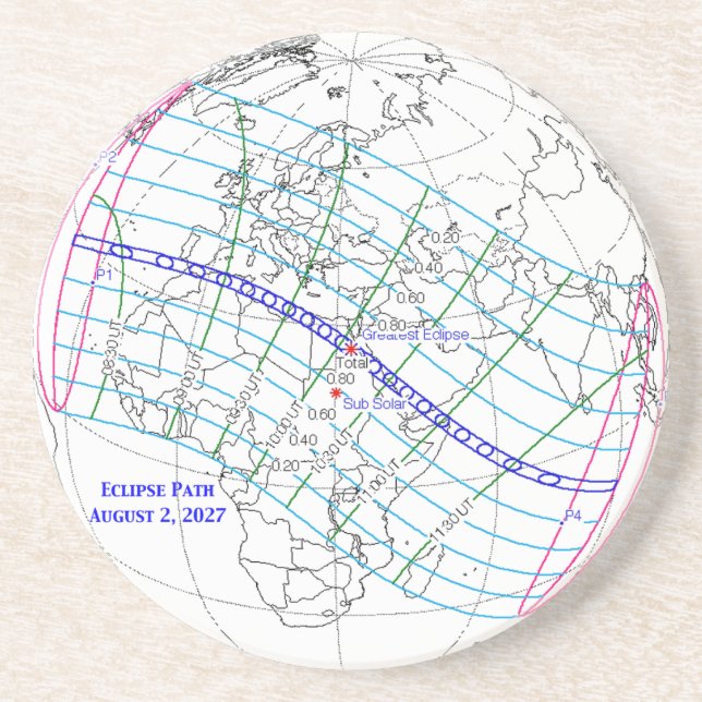 Posavasos Mapa del eclipse solar total de 2027 (Frente)