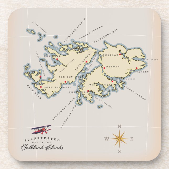 Posavasos Mapa ilustrado de las Islas Falkland. (Frente)