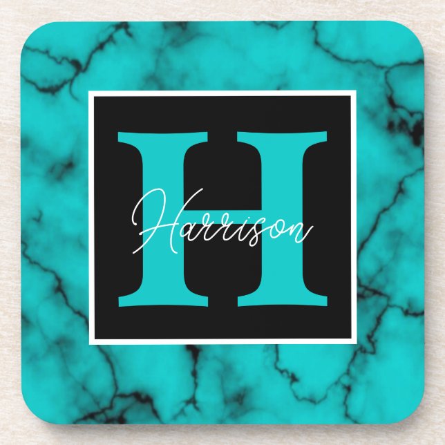 Posavasos Marble turquesa Sofisticado nombre en monograma (Frente)