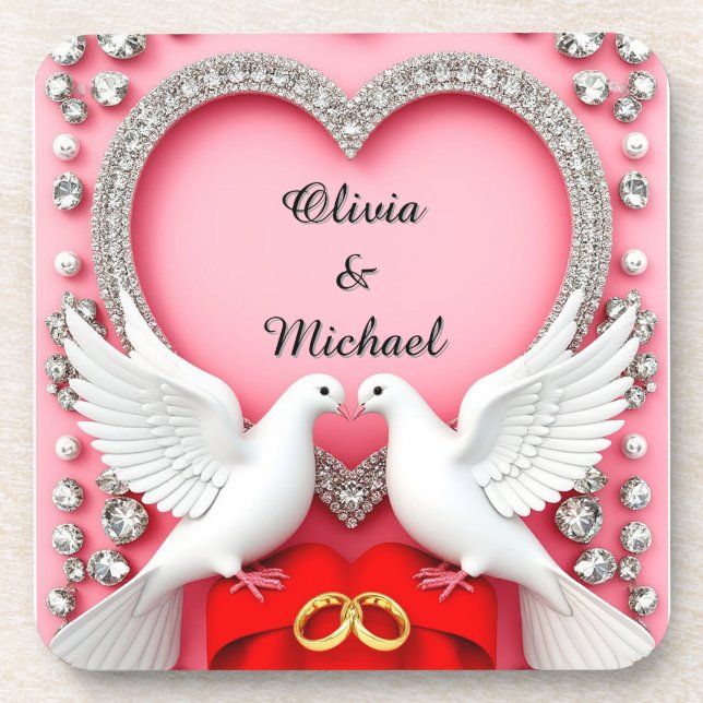 Posavasos Marco de Corazón de Boda Romántica con Palomas (Frente)