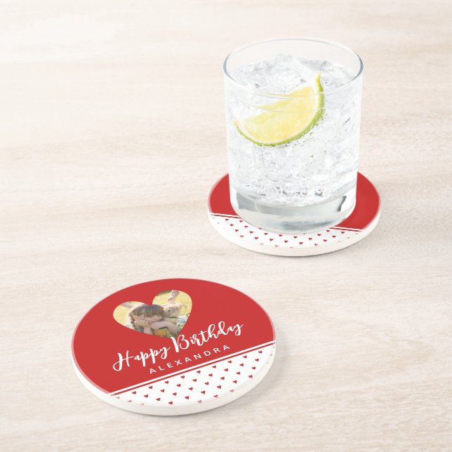 Posavasos Marco de corazón rojo con foto personalizada Cumpl (Lado)