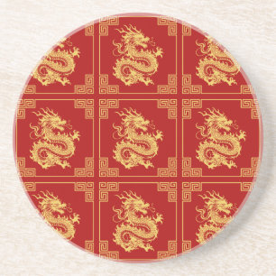 Posavasos Marco de Ornamento Griego Patrón Dragón Oro Rojo