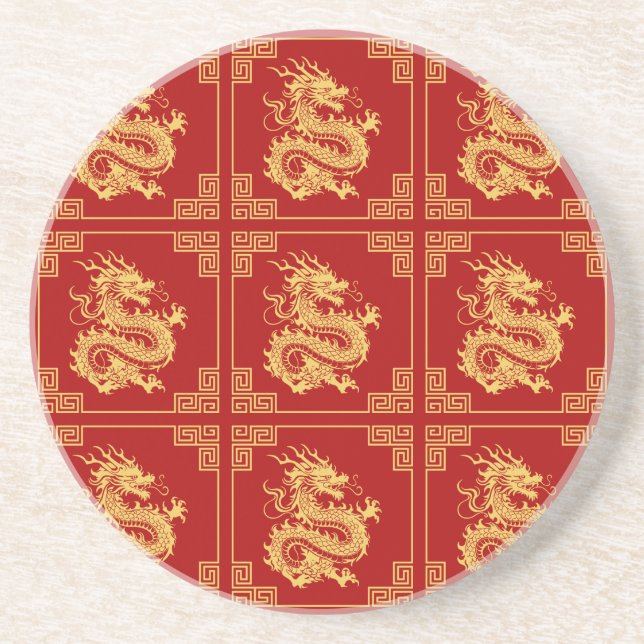 Posavasos Marco de Ornamento Griego Patrón Dragón Oro Rojo (Frente)