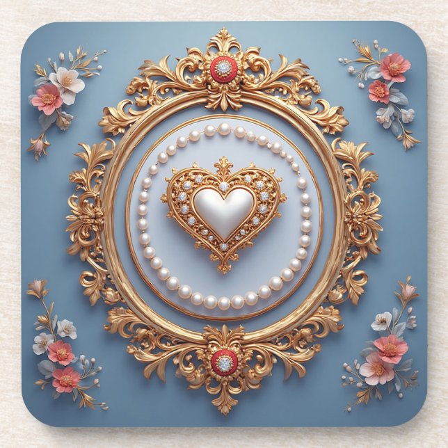 Posavasos Marco de oro ornamentado con corazón de gema (Frente)