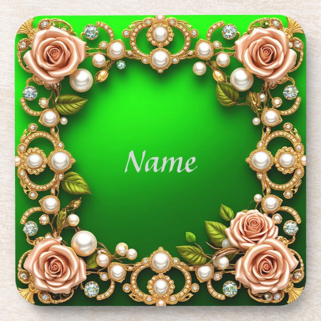 Posavasos Marco Dorado Con Rosas Elegantes y Perlas (Frente)