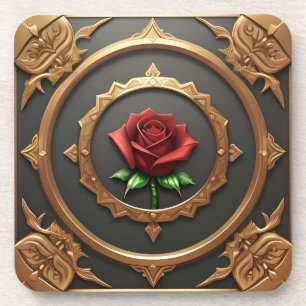 Posavasos Marco Dorado Intrincado con Rosa Roja