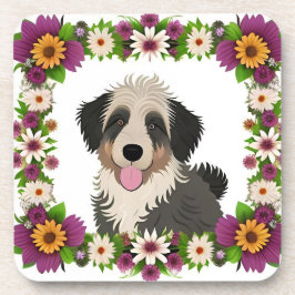 Posavasos Marco floral colorido con Ilustracion de perro mat