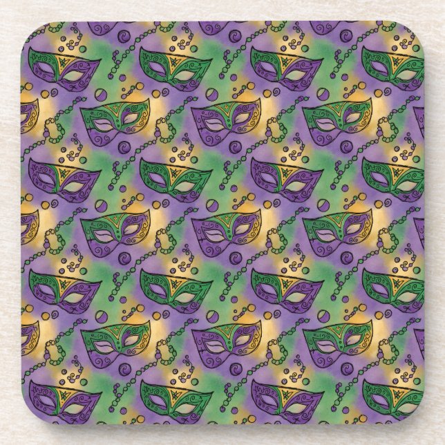 Posavasos Mardi Gras Masks and Beads Purple Green Yellow (Frente)