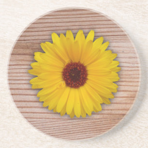 Posavasos Marigold de girasol en tablas de madera rusas