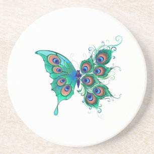 Posavasos Mariposa con plumas de pavo real verde
