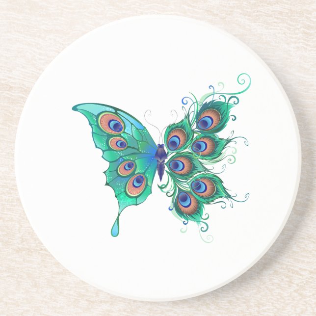 Posavasos Mariposa con plumas de pavo real verde (Frente)