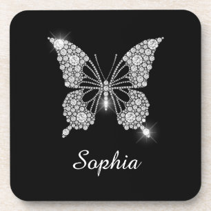 Posavasos Mariposa de diamante blanco, nombre de guión, negr