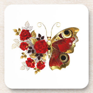 Posavasos Mariposa de flor roja con rosas rojas