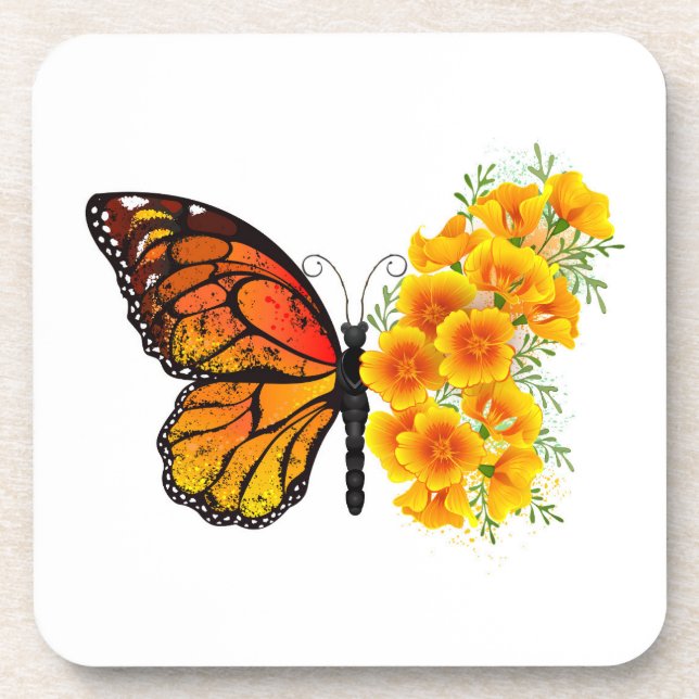 Posavasos Mariposa de flores con amapola amarilla de Califor (Frente)