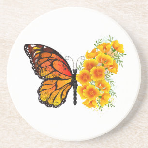 Posavasos Mariposa de flores con amapola amarilla de Califor