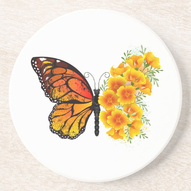 Posavasos Mariposa de flores con amapola amarilla de Califor (Frente)
