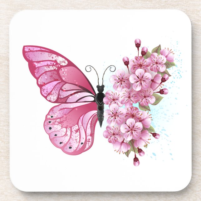 Posavasos Mariposa de flores con Sakura rosa (Frente)