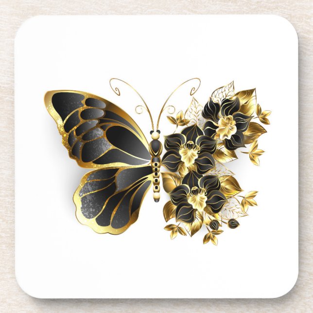 Posavasos Mariposa de flores de oro con orquídea negra (Frente)