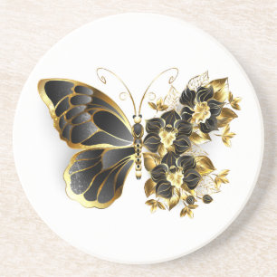 Posavasos Mariposa de flores de oro con orquídea negra
