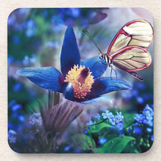 Posavasos Mariposa de primavera en flor azul (Frente)