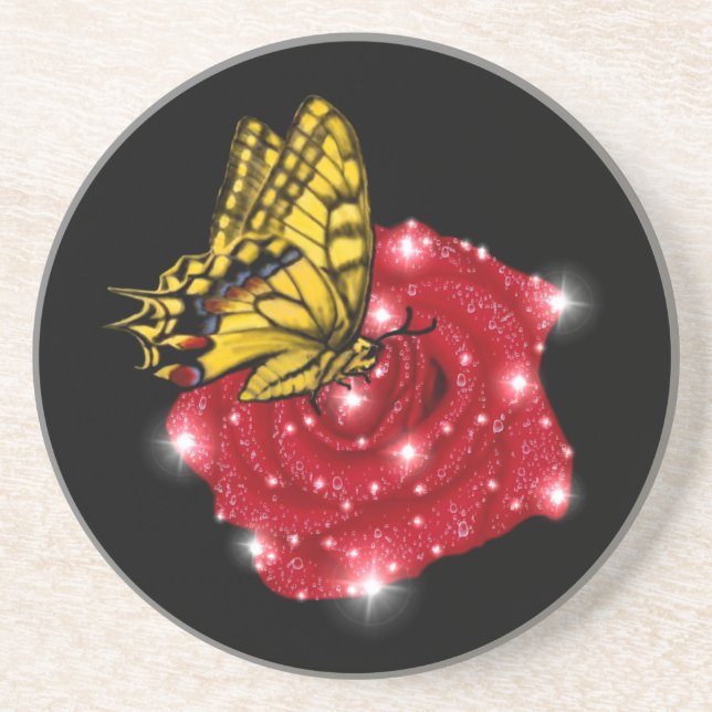 Posavasos Mariposa en rosa roja con estrellas y gotas de llu (Frente)