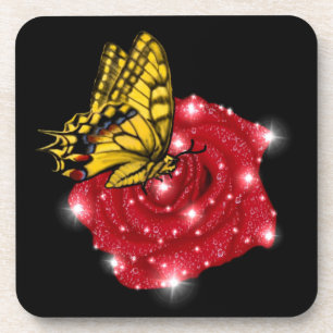 Posavasos Mariposa en rosa roja con estrellas y gotas de llu