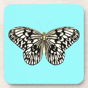 Posavasos Mariposa negra y blanca, fondo turquesa