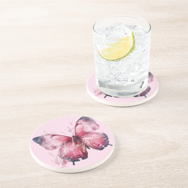 Posavasos Mariposa rosa de esperanza inspiradora (Lado)