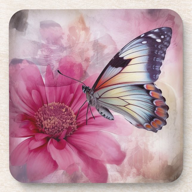 Posavasos Mariposa soñada en lienzo floral (Frente)