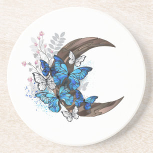 Posavasos Mariposas azules en creciente de madera