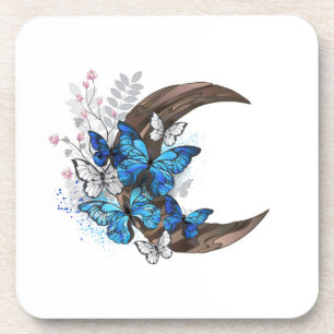 Posavasos Mariposas azules sobre la media luna de madera