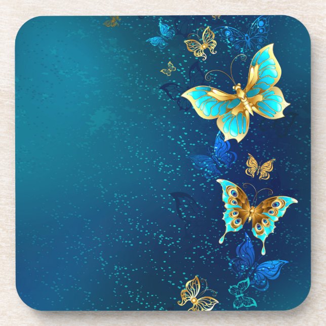Posavasos Mariposas doradas sobre fondo azul (Frente)