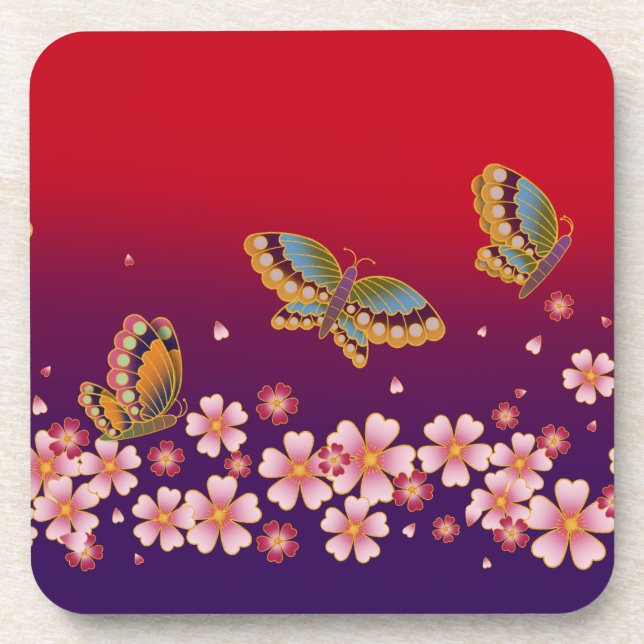 Posavasos Mariposas japonesas en medio del Sakura florecen e (Frente)