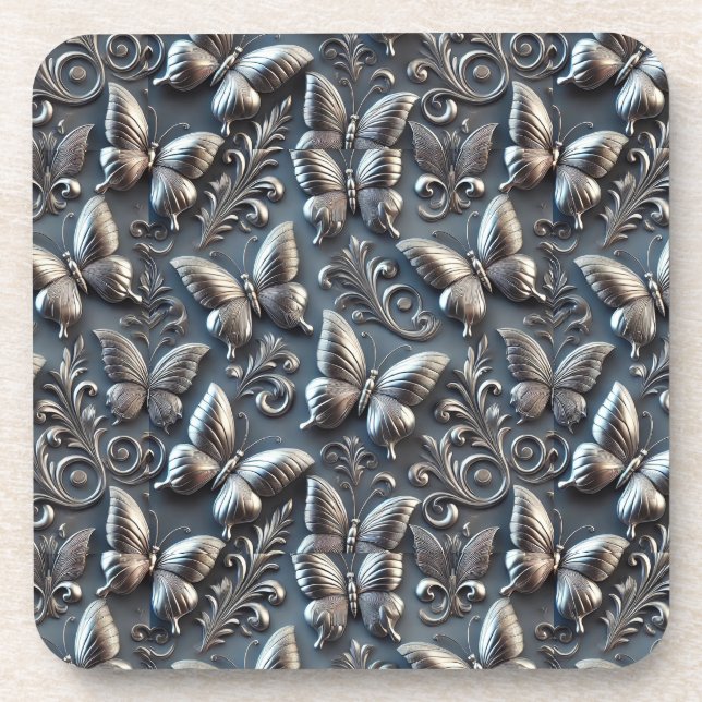 Posavasos Mariposas plateadas elegantes con patata floral or (Frente)