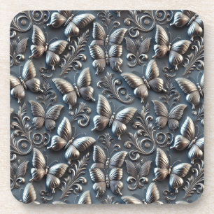 Posavasos Mariposas plateadas elegantes con patrón floral or