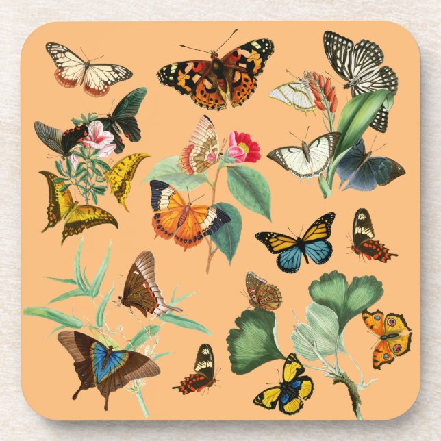 Posavasos Mariposas vintage, fondo Naranja amarillo (Frente)