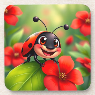 Posavasos Mariquita de dibujos animados sonriendo sentada en