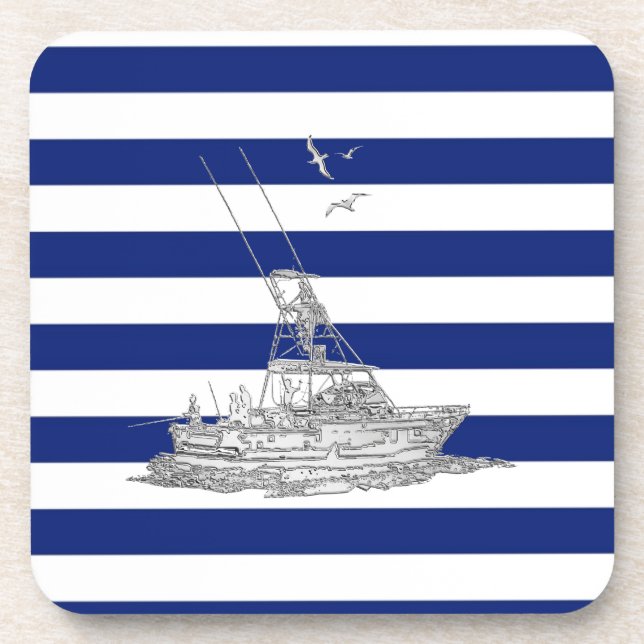 Posavasos Marlin Fishing Chrome en franjas náuticas (Frente)